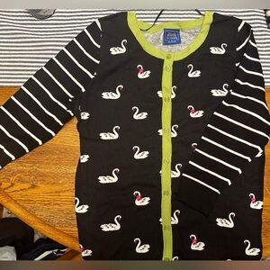 LeTigre Black Cardigan with Swan Print Sweater Small